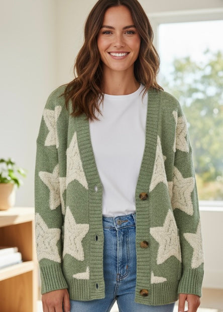 Star Sherpa Textured Buttoned Sweater Cardigan JUNIPER BLVD