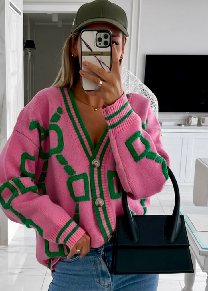 Green Accent Geometric Button Down Cardigan