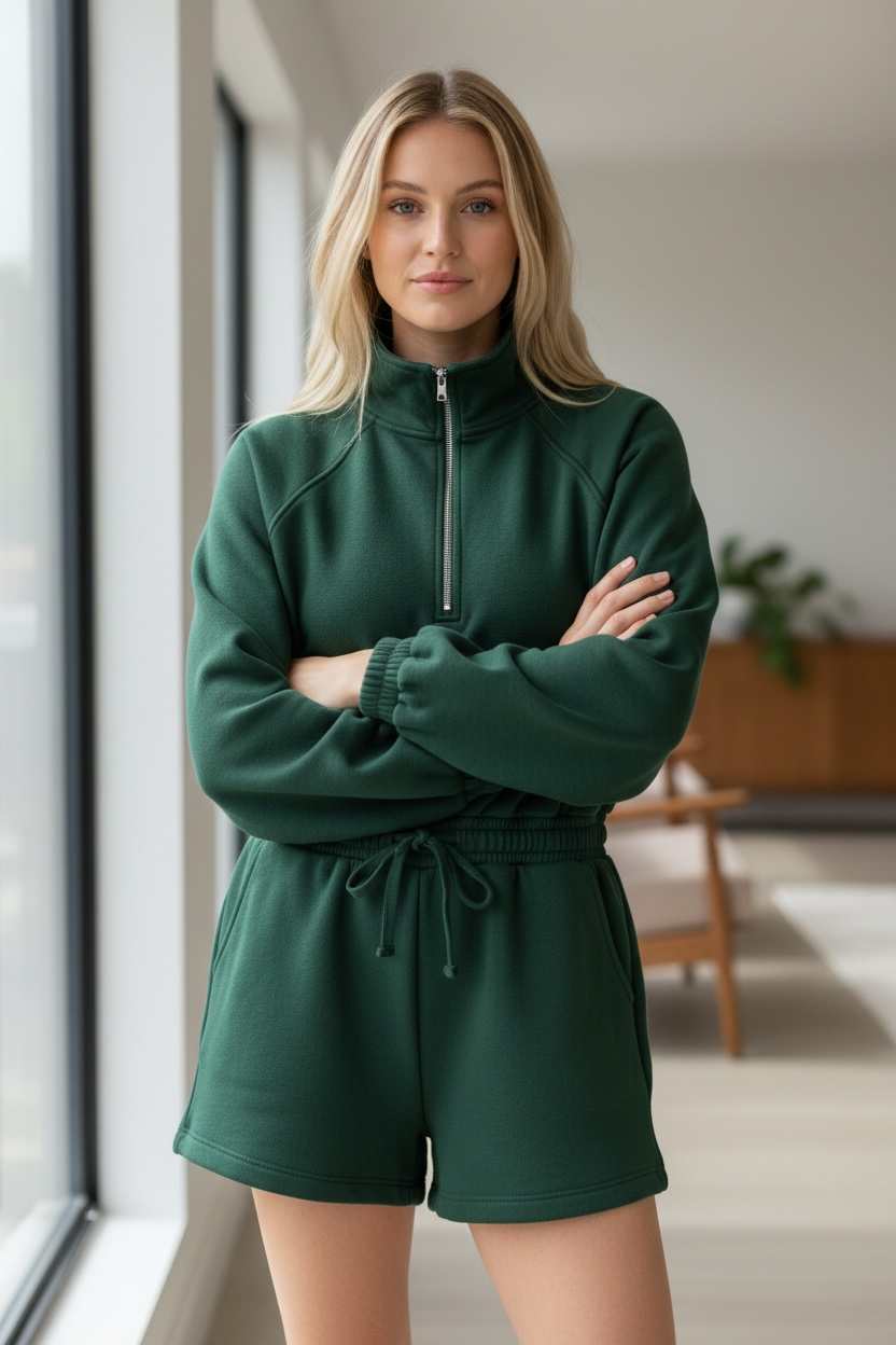 Half-Zip Collar French Terry Drawstring Romper JUNIPER BLVD