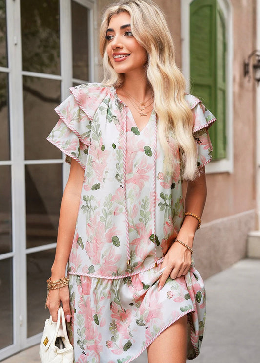 Pink Floral Contrast Edge Ruffle Tiered Dress EG fashion