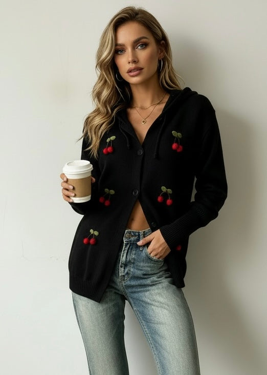 3D Cherry Applique Hooded Cardigan