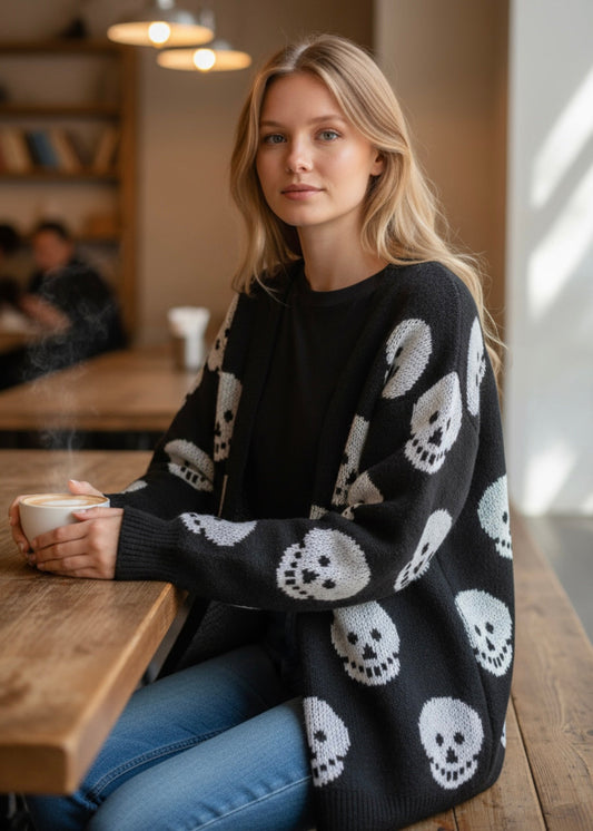 Black & White Skull Print Cardigan Poet Street Boutique
