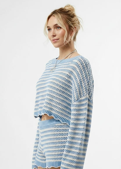 Blue Scalloped Edge Striped Top and Shorts Set