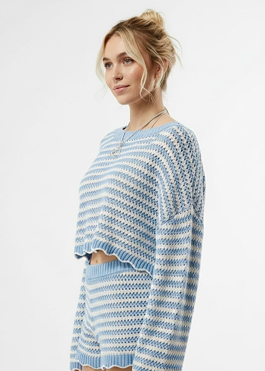Blue Scalloped Edge Striped Top and Shorts Set