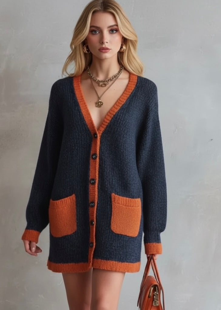 Navy V-Neck Button-Down Knit Cardigan