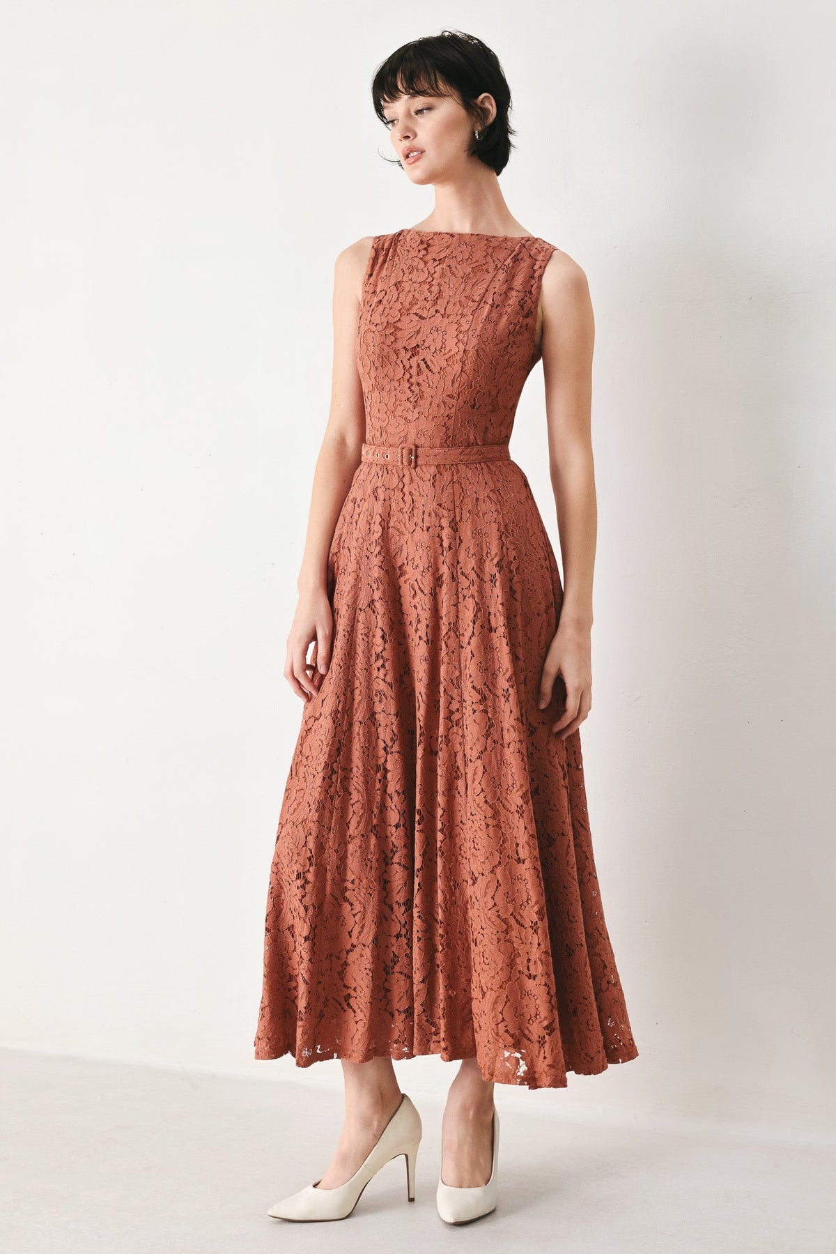Rust True Romance Woven Lace Midi Dress