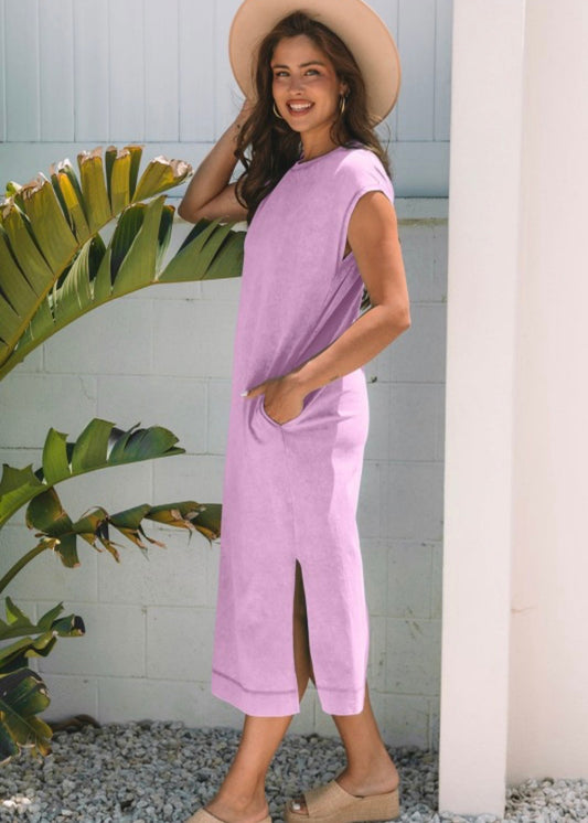 Cotton Side Split Cap Sleeve T-Shirt Dress