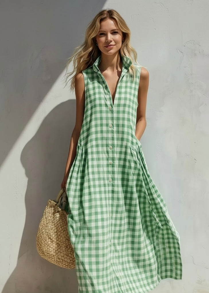 Sleeveless Gingham Button-Down Midi Dress