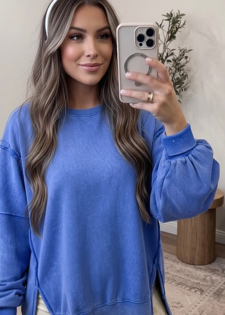 Royal Blue Mineral Wash Split Hem Loose Tunic Sweatshirt