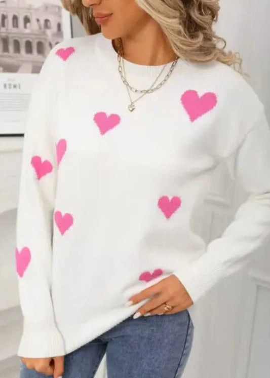 Hot Pink Heart Print Knit Sweater Miss Sparkling