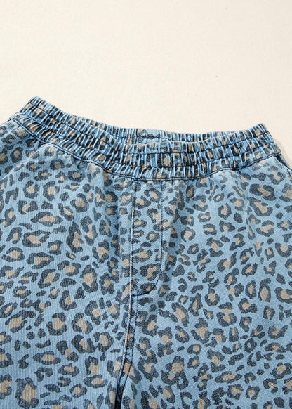 Leopard Exposed Seam Wide Leg Drawstring Jeans