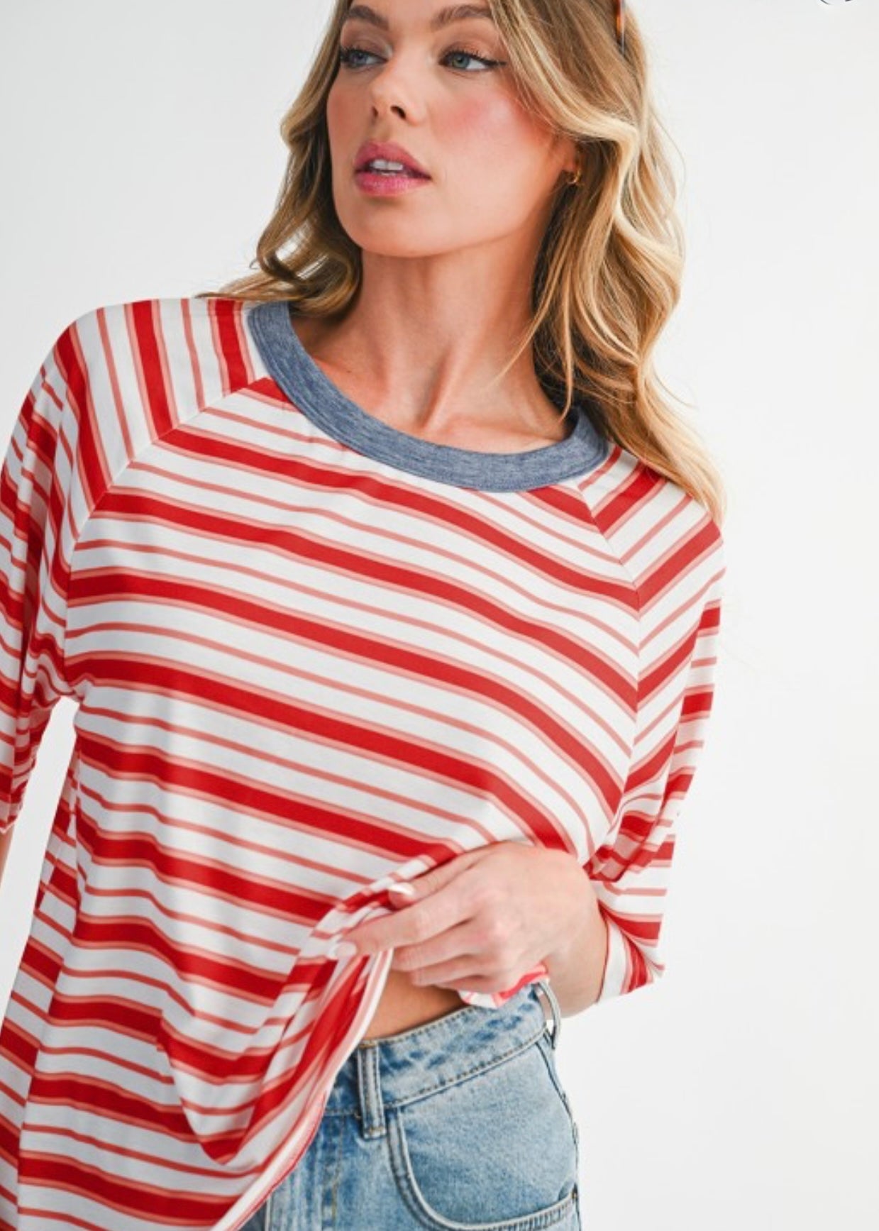 Red Striped Raglan Sleeve Contrast Neck T-Shirt EG fashion