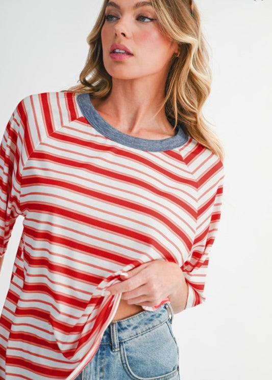 Red Striped Raglan Sleeve Contrast Neck T-Shirt EG fashion