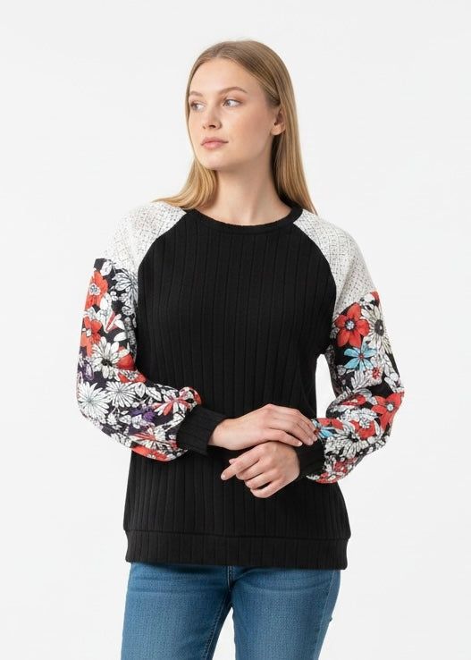 Floral Ribbed Patchwork Long Sleeve Blouse