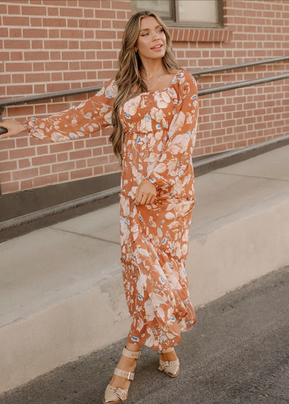 Felicity Shirred Square Neck High Waist Maxi Dress
