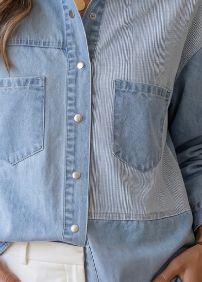 Stripe Denim Patchwork Button Down Shacket