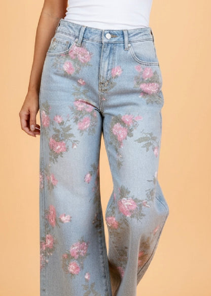 Floral Denim Wide Leg Jeans