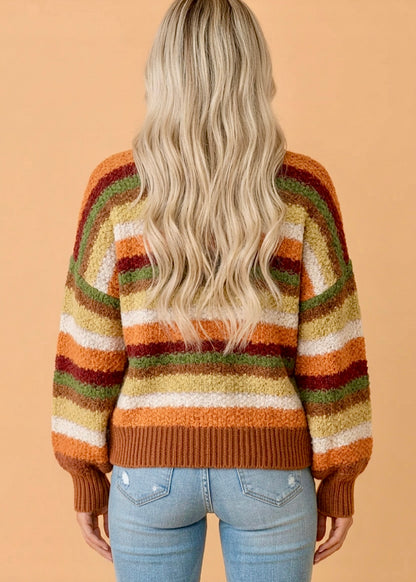 Stripe Chunky Textured Knit Puff Sleeve Sweater