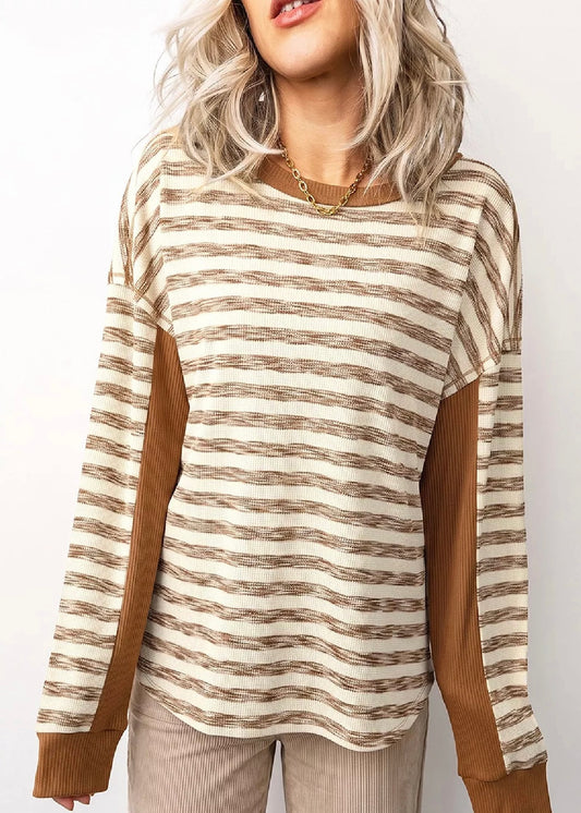 Stripe Textured Knit Trim Long Sleeve Top