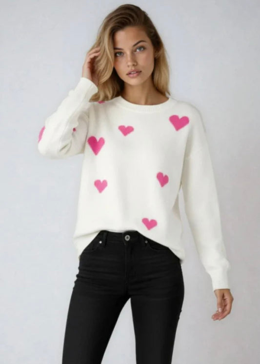 Hot Pink Heart Print Knit Sweater Miss Sparkling