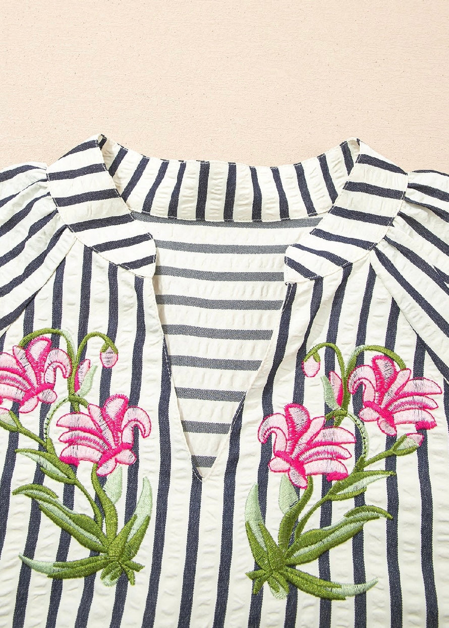 Stripe Floral Embroidered V-Neck 3/4 Sleeve Blouse