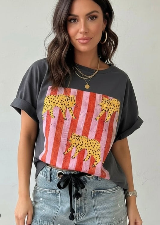 Cheetah Striped Print Retro Graphic Tee