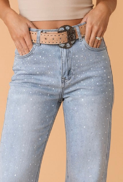 Rhinestone Denim High Waist Straight Leg Jeans