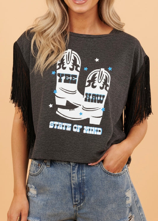 Western Yee Haw State of Mind Fringe Sleeve Tee