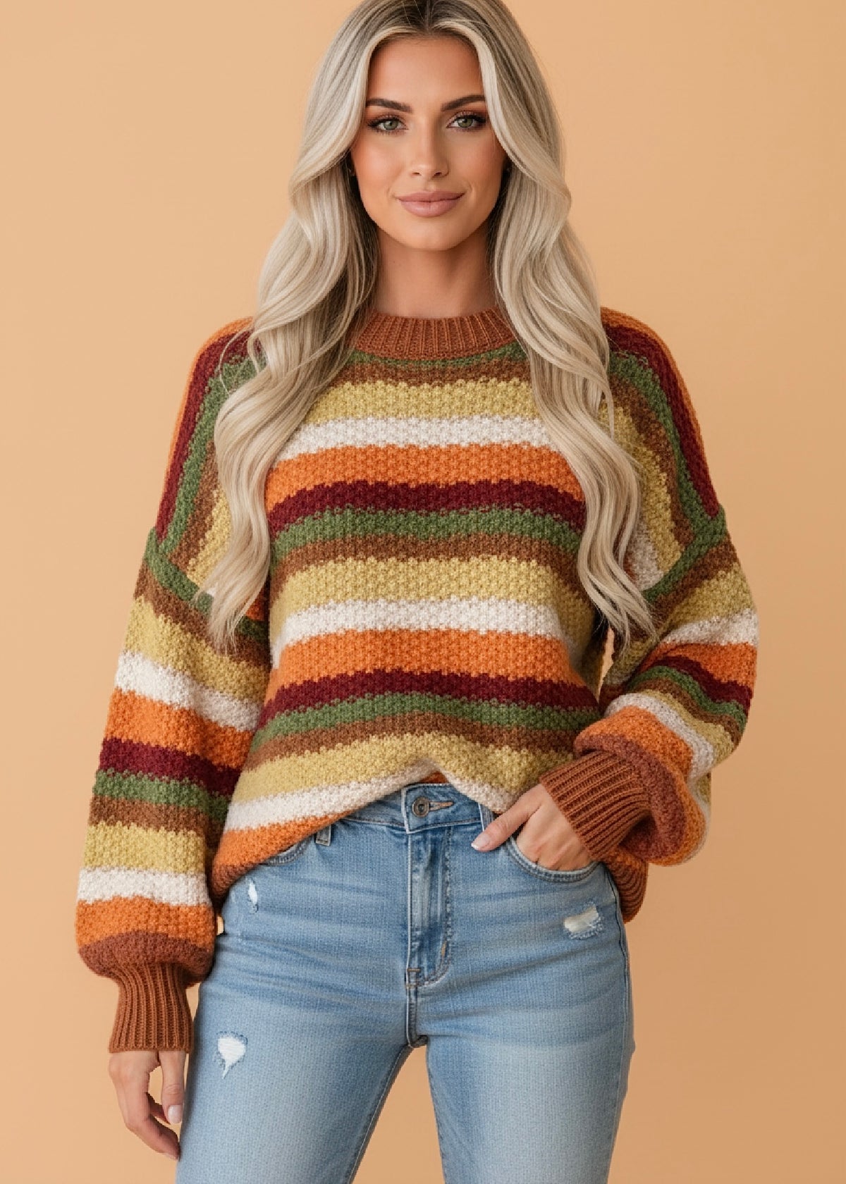Stripe Chunky Textured Knit Puff Sleeve Sweater