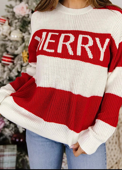 Red & White Stripe MERRY Christmas Sweater
