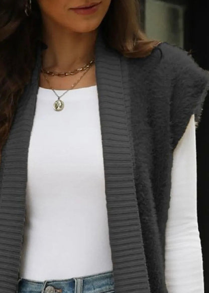 Pocketed Open Front Cap Sleeve Cardigan