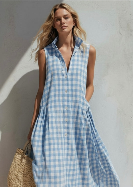 Sleeveless Gingham Button-Down Midi Dress