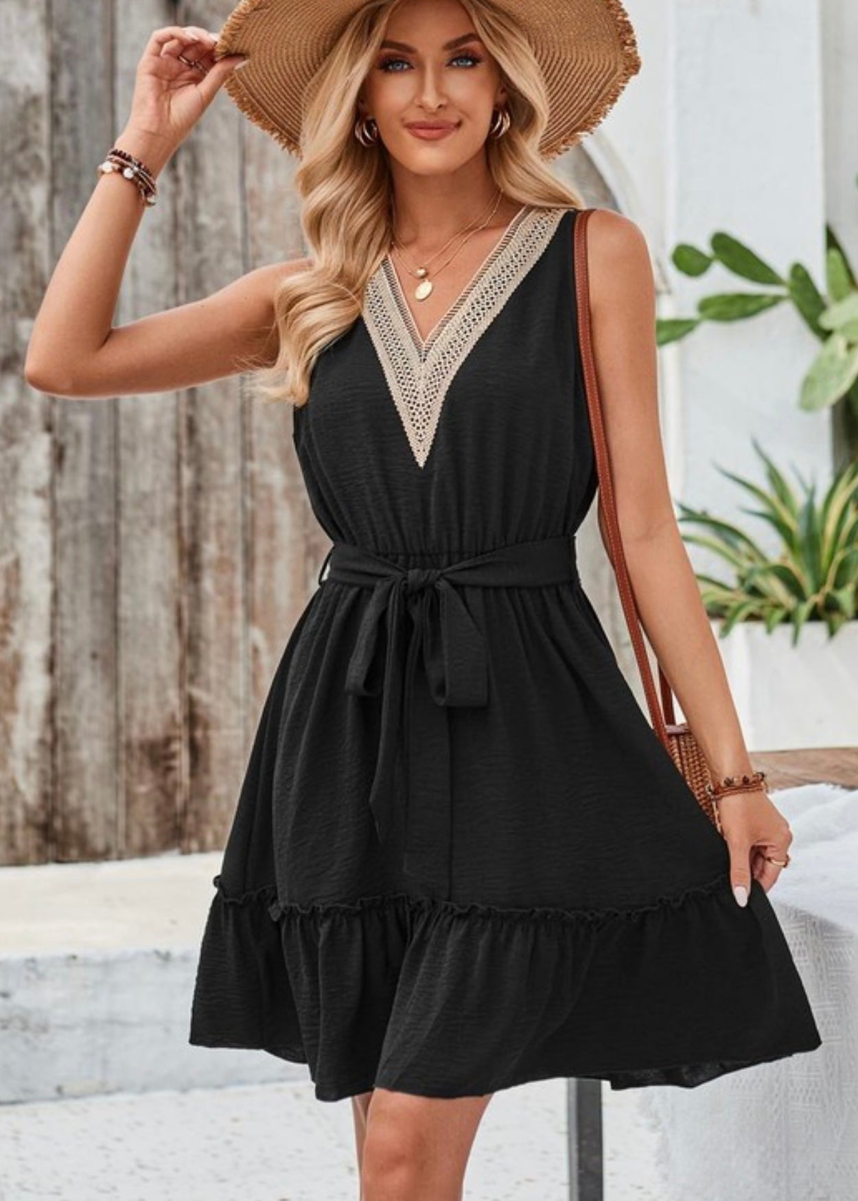 Miss Sparkling V-neck Tie Waist Ruffle Hem Dress Miss Sparkling