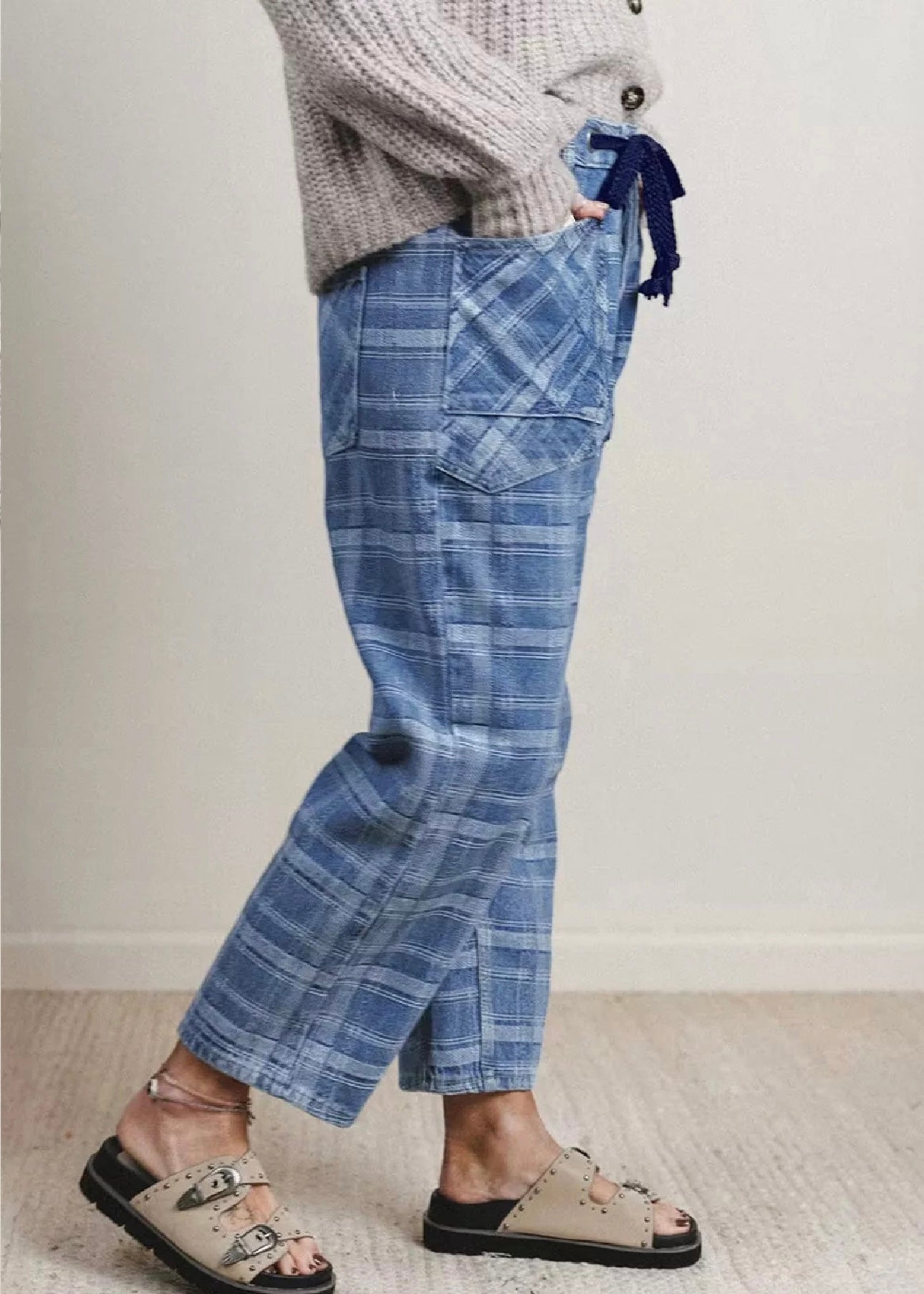 Denim Plaid Grommet Drawstring Waist Jeans
