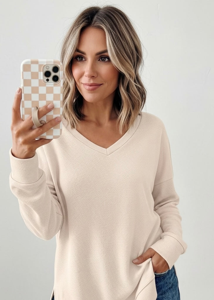 Side Slit Waffle Knit V-Neck T-Shirt