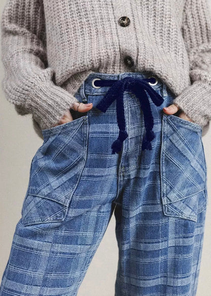 Denim Plaid Grommet Drawstring Waist Jeans