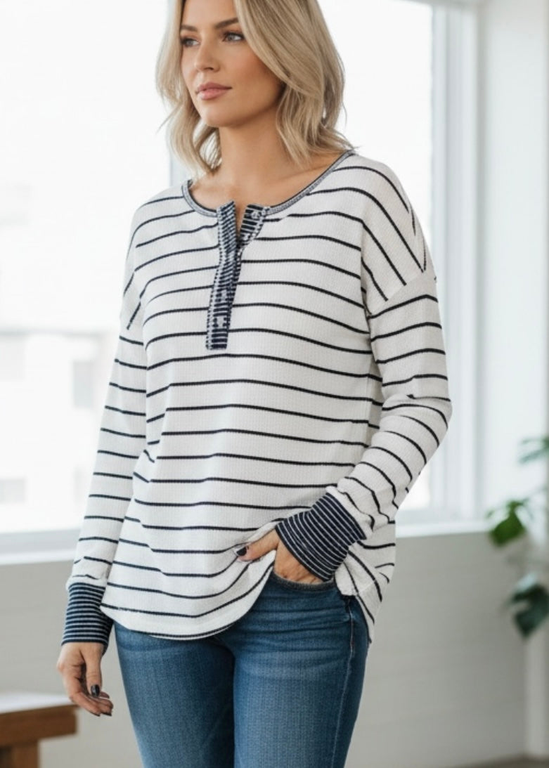 Stripe Waffle Knit Buttoned Henley Top Poet Street Boutique