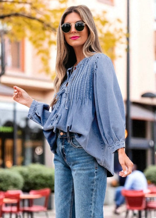 Solid Denim Pleated Bow Tie Puff Sleeve Top JUNIPER BLVD