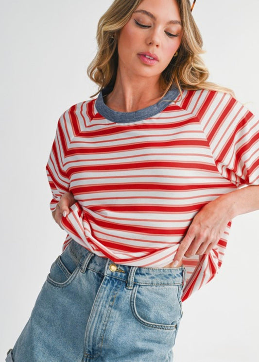 Red Striped Raglan Sleeve Contrast Neck T-Shirt EG fashion
