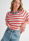 Red Striped Raglan Sleeve Contrast Neck T-Shirt EG fashion
