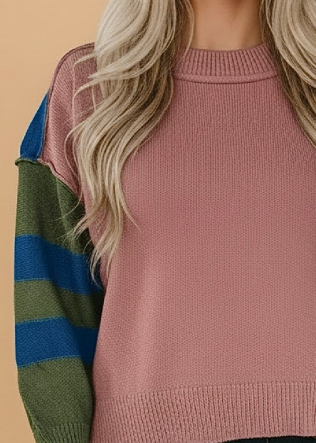 Colorblock Stripe Reverse Seam Long Sleeve Sweater