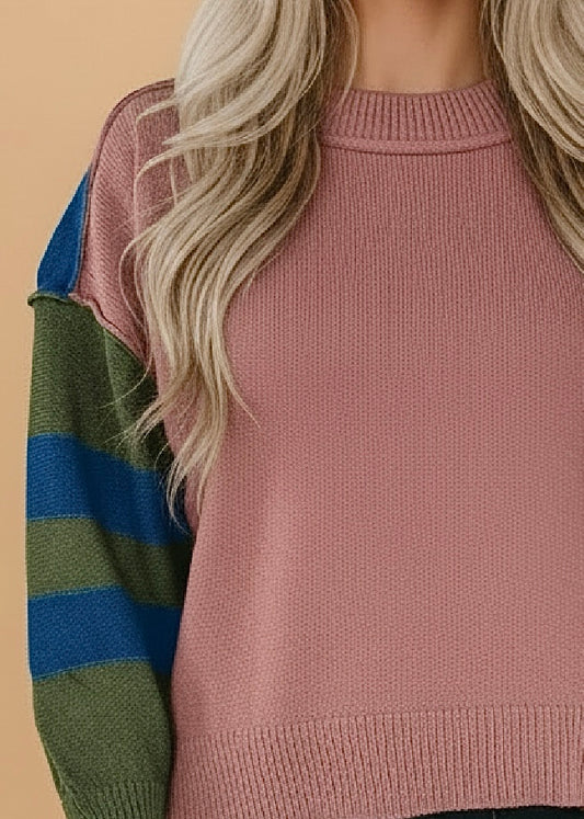 Colorblock Stripe Reverse Seam Long Sleeve Sweater