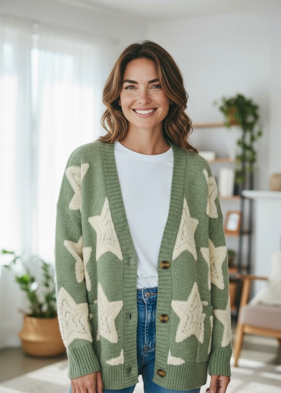 Star Sherpa Textured Buttoned Sweater Cardigan JUNIPER BLVD
