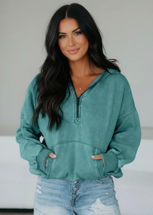 Half Zip Mineral Wash Baggy Hoodie