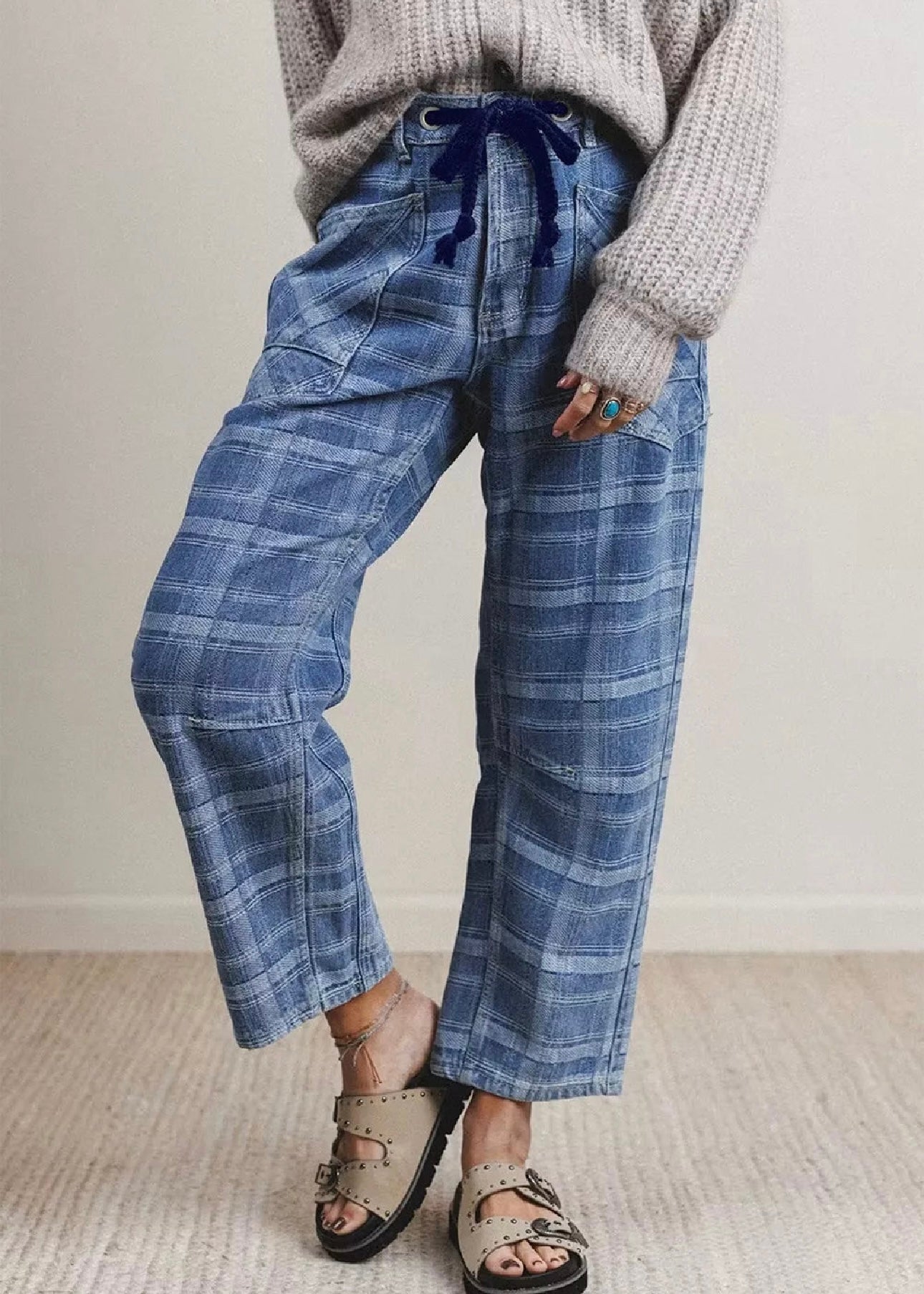 Denim Plaid Grommet Drawstring Waist Jeans