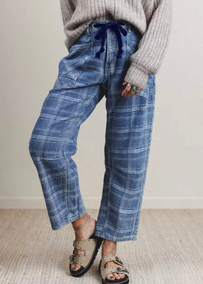 Denim Plaid Grommet Drawstring Waist Jeans
