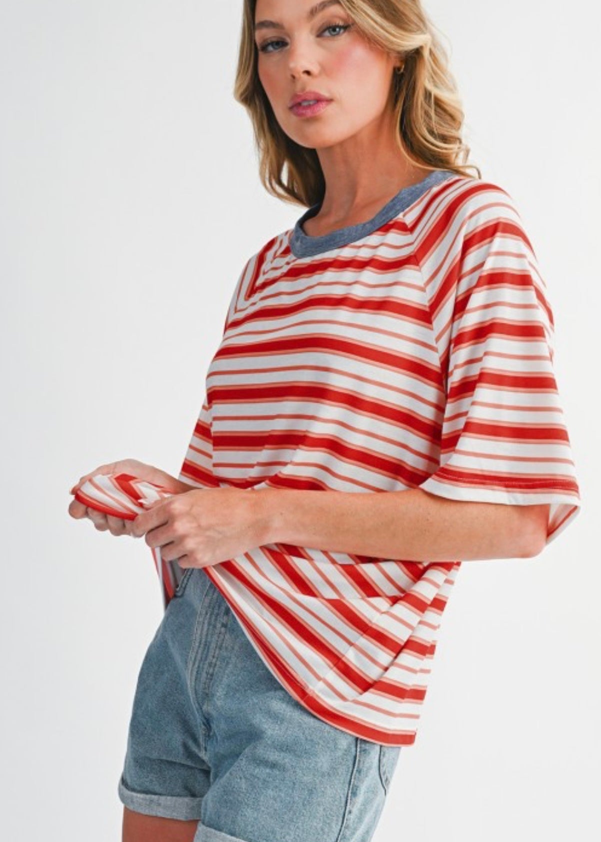 Red Striped Raglan Sleeve Contrast Neck T-Shirt EG fashion