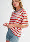 Red Striped Raglan Sleeve Contrast Neck T-Shirt EG fashion