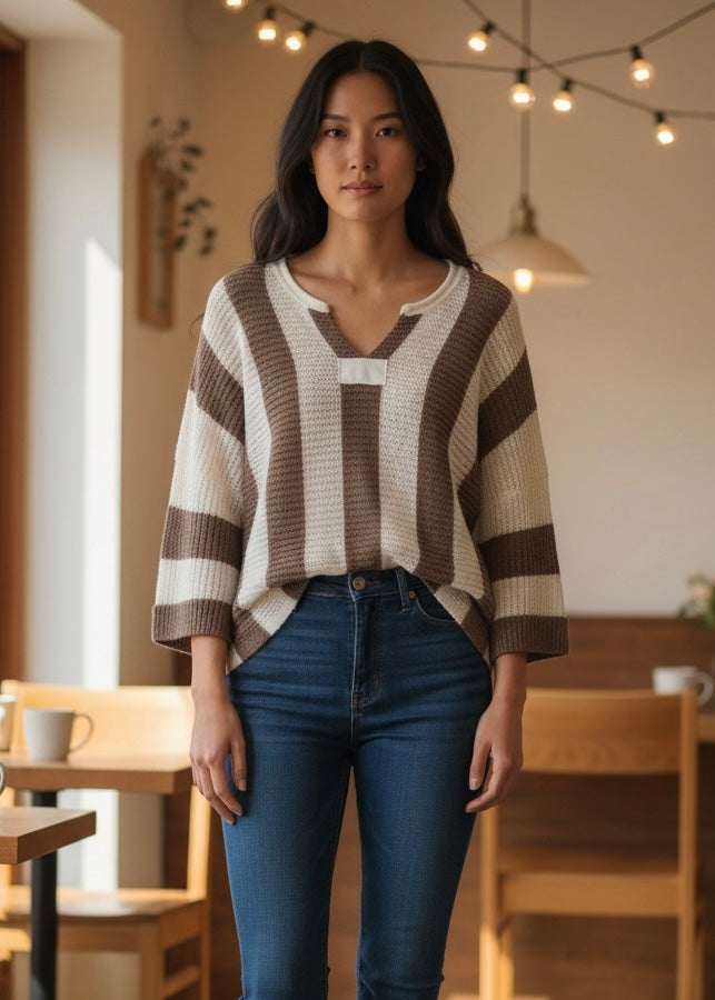 Colorblock Stripe V-Neck 3/4 Sleeve Sweater JUNIPER BLVD