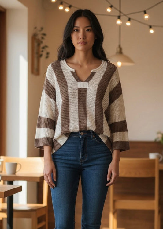 Colorblock Stripe V-Neck 3/4 Sleeve Sweater JUNIPER BLVD